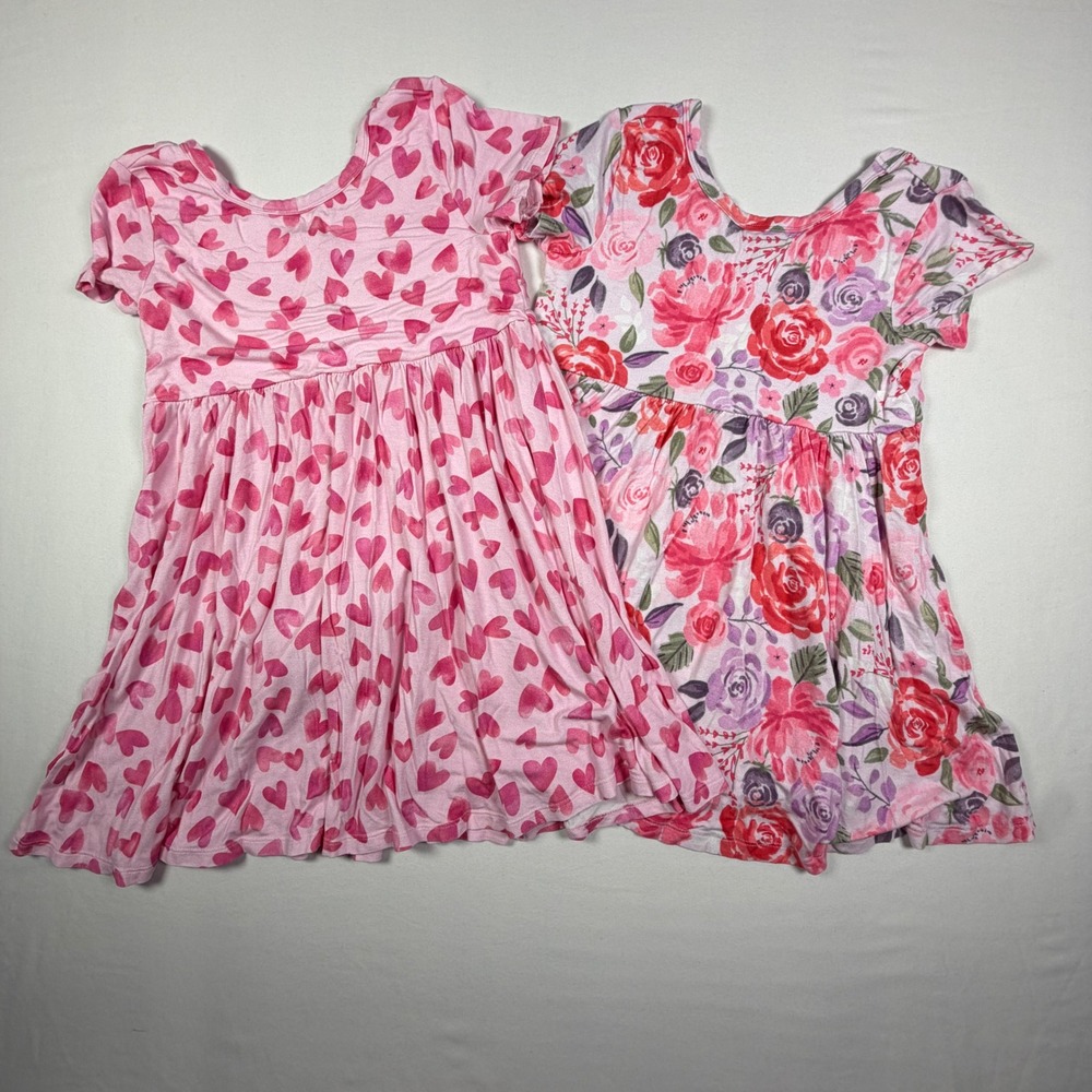Gerber Heart & Floral Twirl Dress Pink Short Sleeve Knit Cottagecore Lot Girl 4T